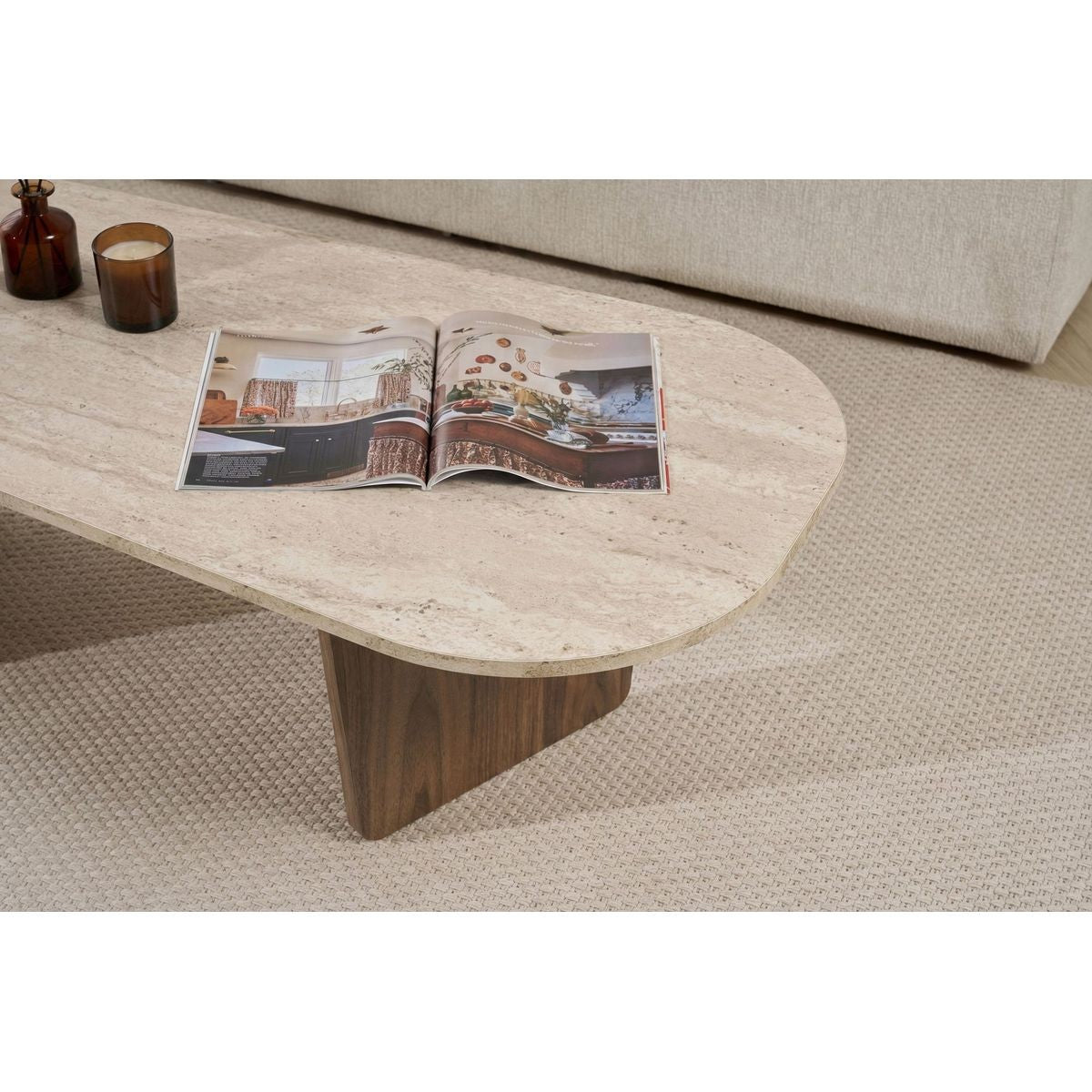 Ceane - Table Basse Effet Travertin et Noyer 130 cm - Beige