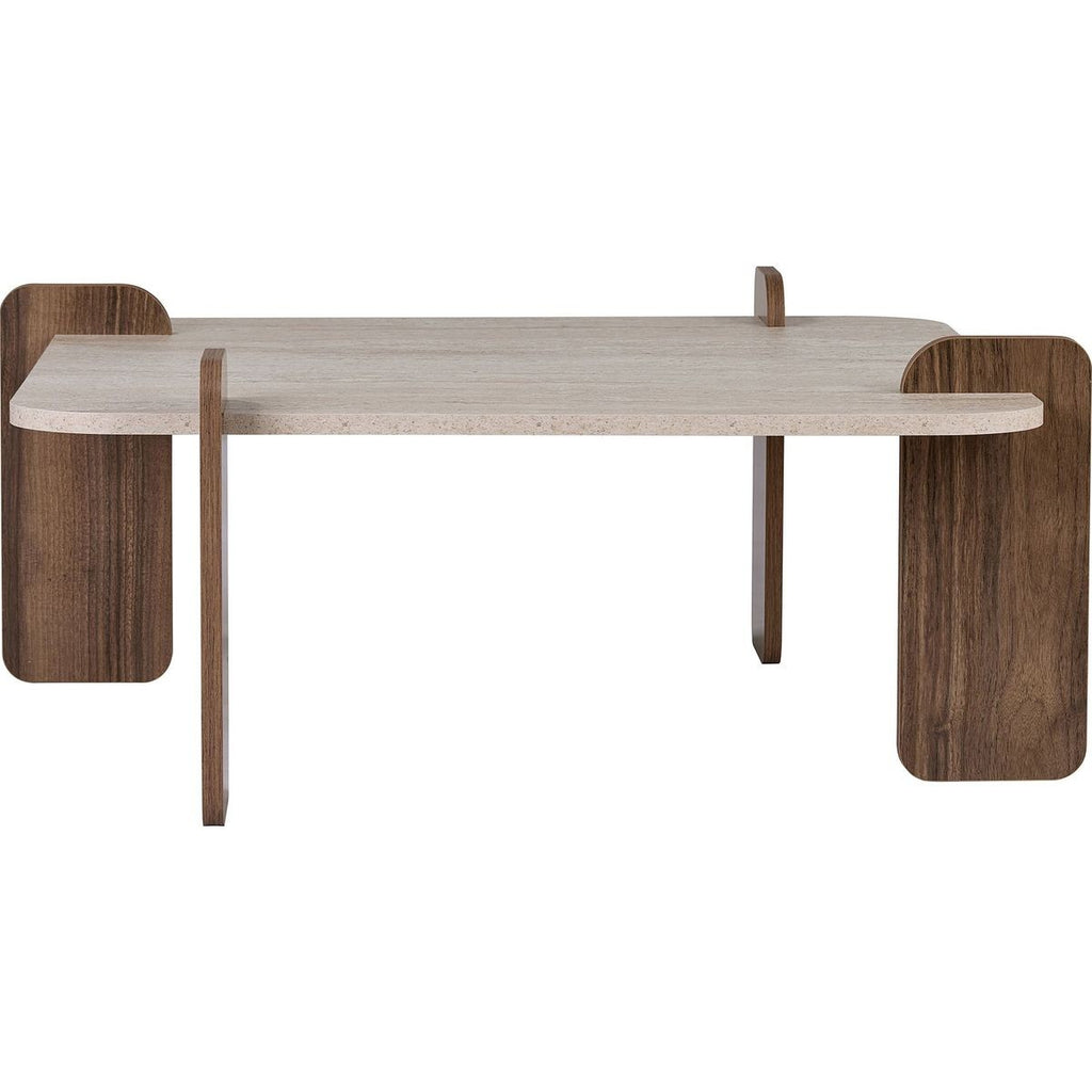 Joria - Table Basse Carrée Effet Travertin et Noyer 117 cm - Beige