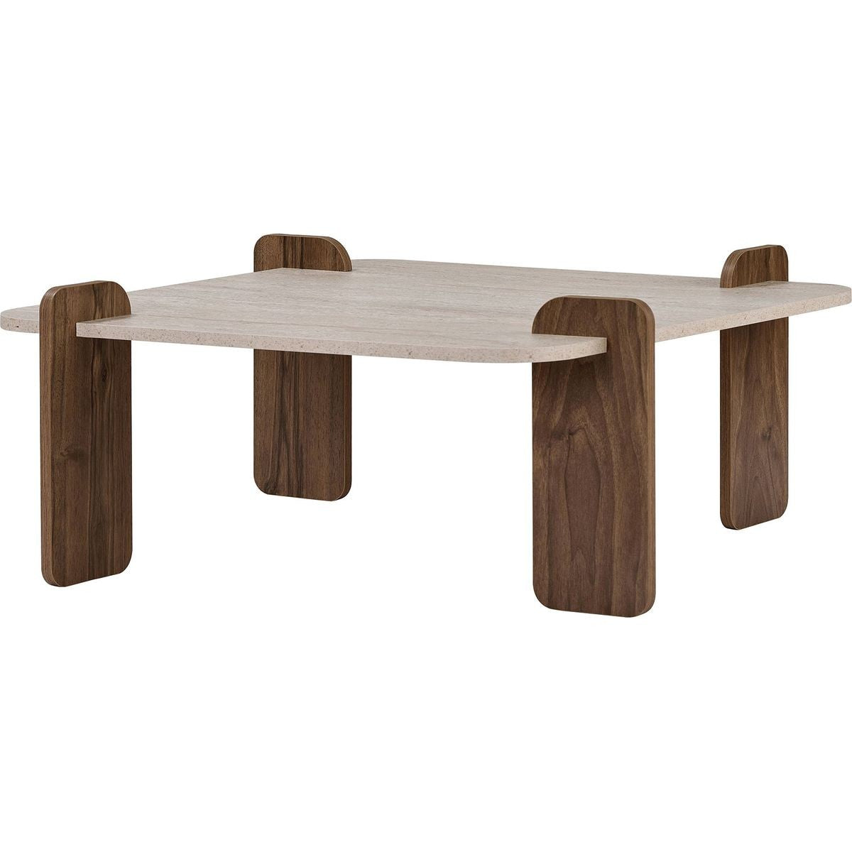 Joria - Table Basse Carrée Effet Travertin et Noyer 117 cm - Beige