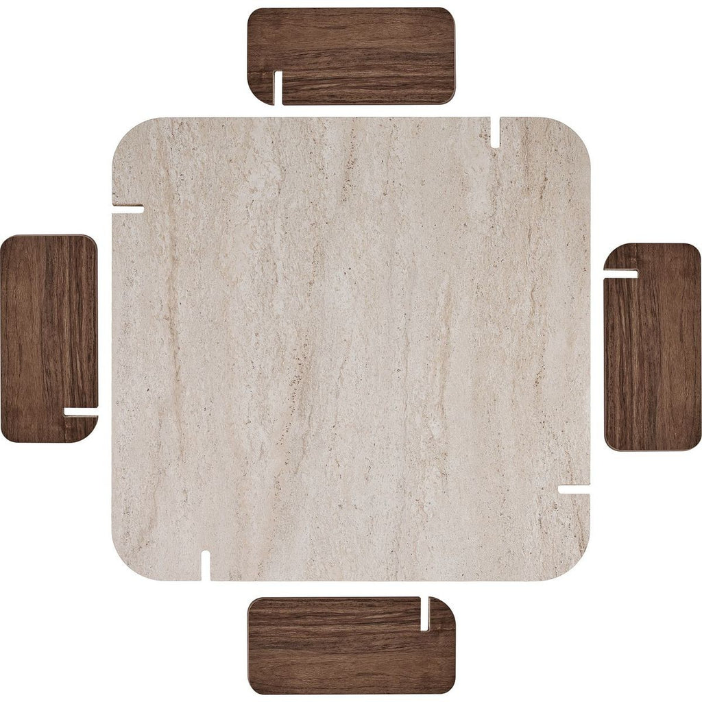 Joria - Table Basse Carrée Effet Travertin et Noyer 117 cm - Beige