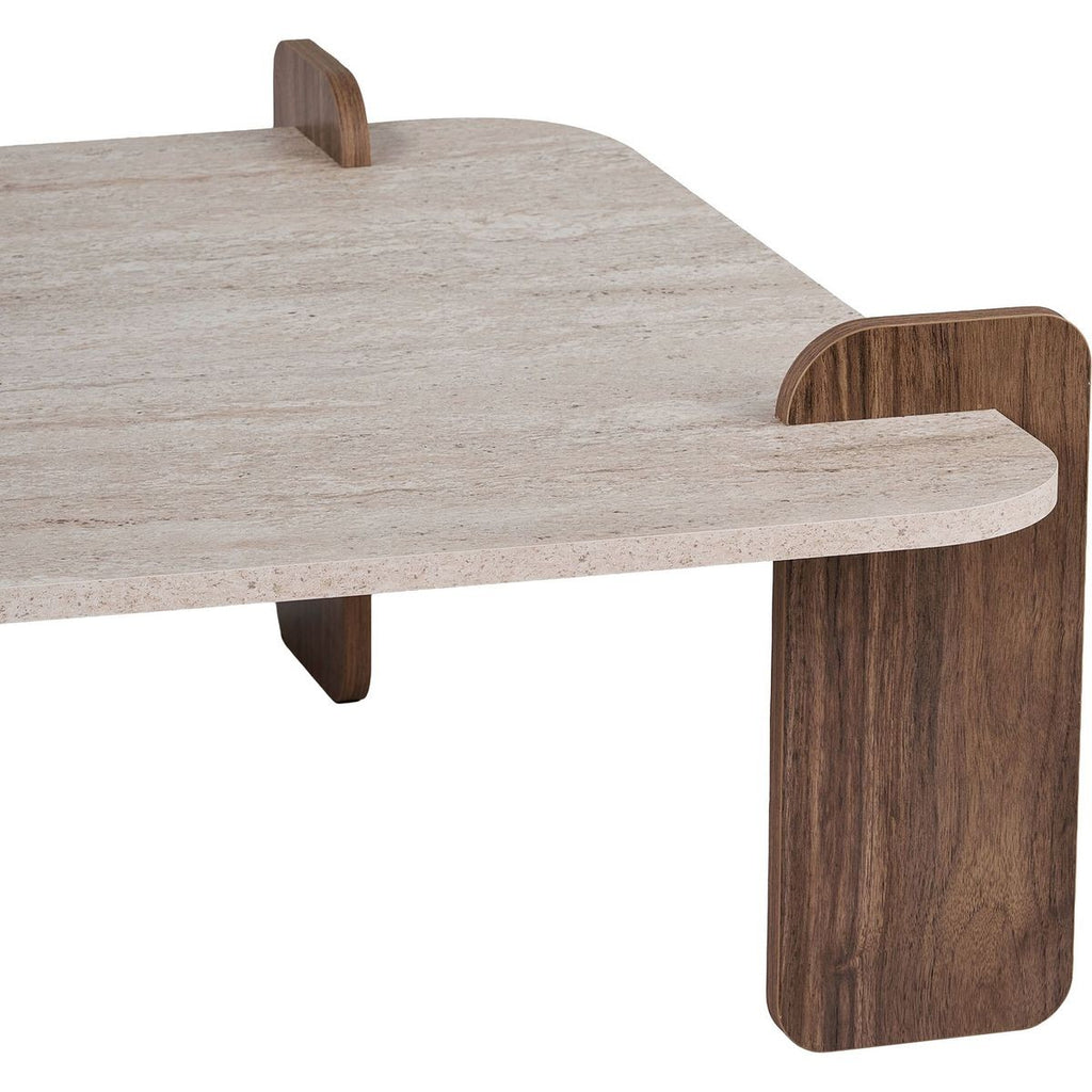 Joria - Table Basse Carrée Effet Travertin et Noyer 117 cm - Beige