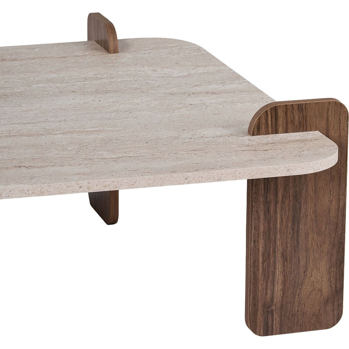Joria - Table Basse Carrée Effet Travertin et Noyer 117 cm - Beige