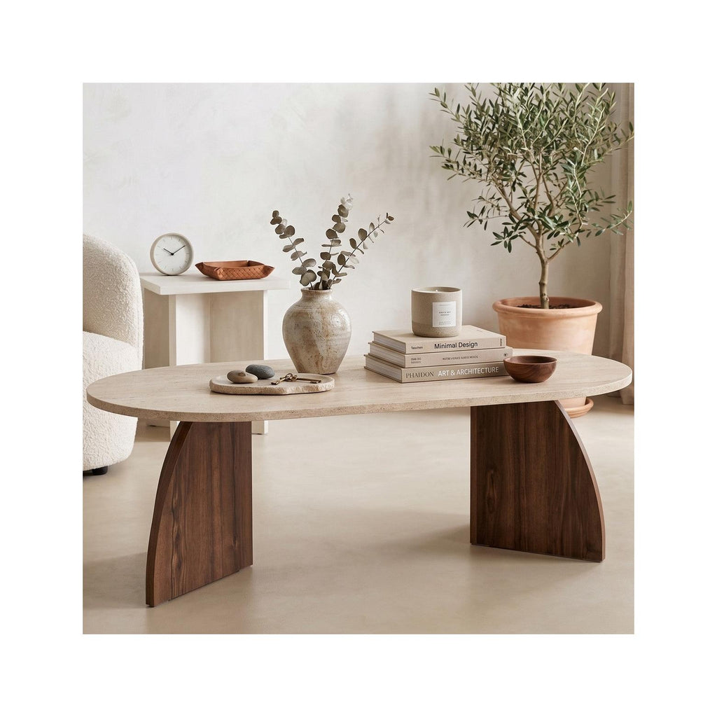 Lumea - Table Basse Effet Travertin et Noyer 120 cm - Beige