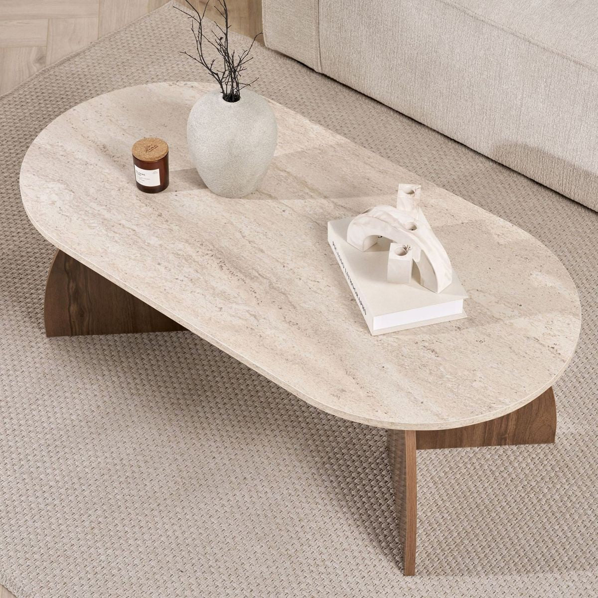 Lumea - Table Basse Effet Travertin et Noyer 120 cm - Beige