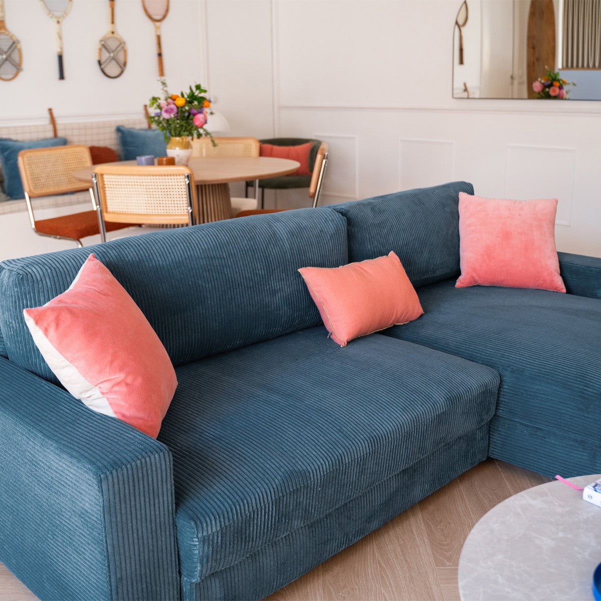 Arty - Right-Facing Corner Sofa Bed - Corduroy - Blue Grey