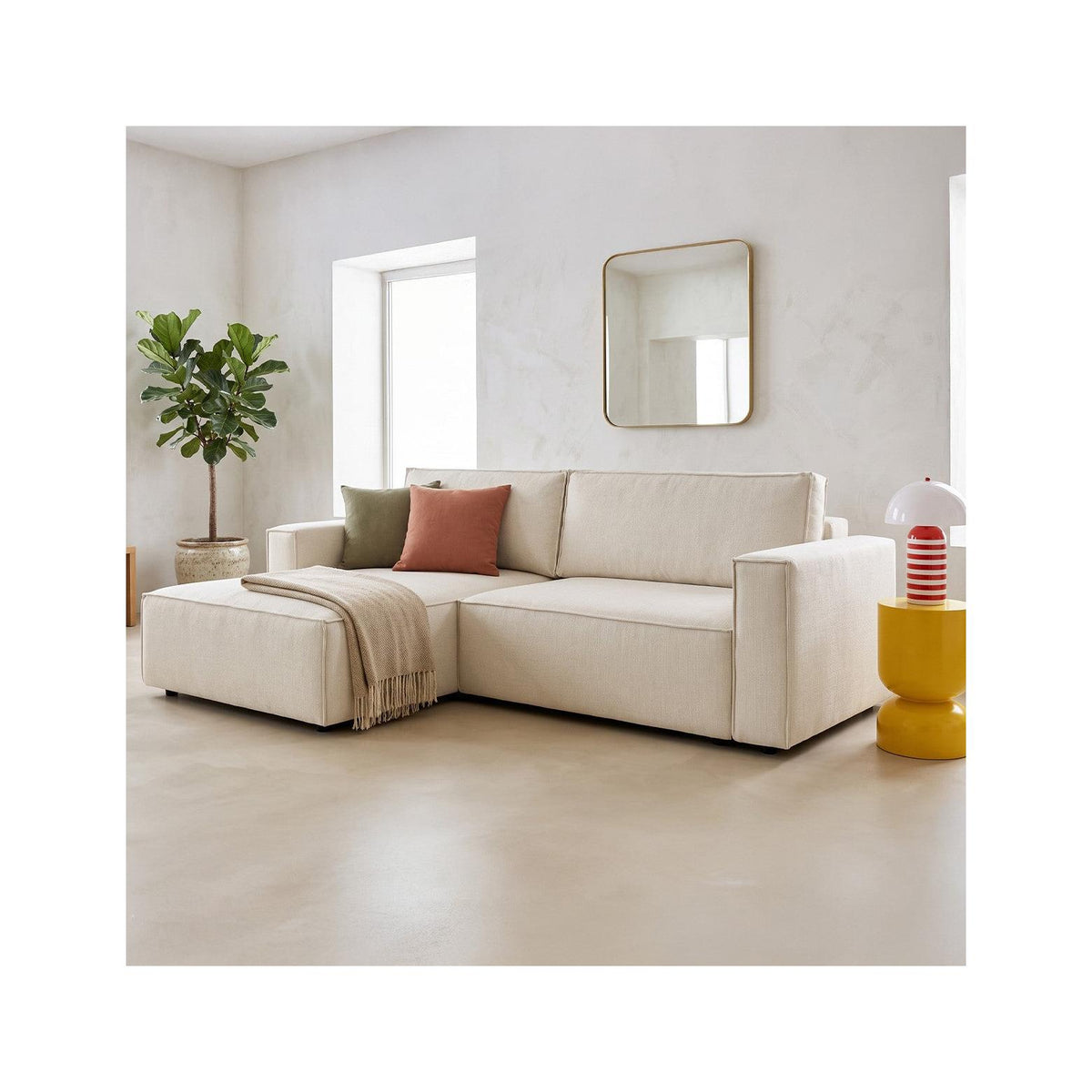Asti - Canapé d'Angle à Gauche Convertible 3 Places en Tissu Chenille - Beige