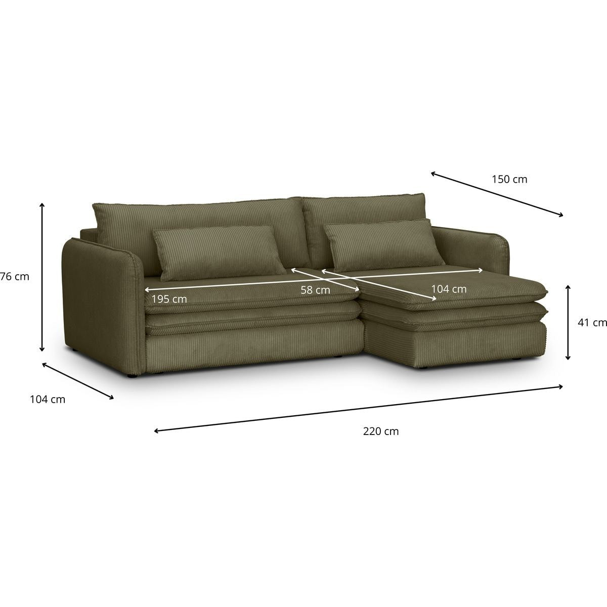 Baya - Canapé d'Angle Convertible Réversible 3 Places en Velours Côtelé - Vert Kaki