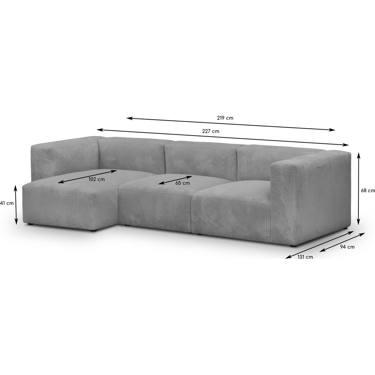 Modulo - Canapé d'Angle à Gauche Modulable avec Méridienne 4 Places en Velours Côtelé - Gris Clair
