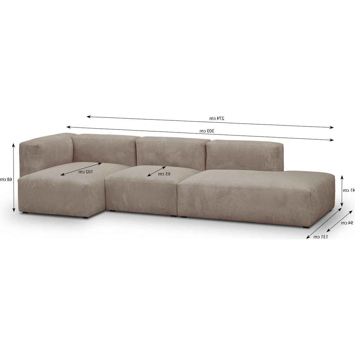 Modulo - Canapé d'Angle à Gauche Modulable avec Méridienne 5 Places en Velours Côtelé - Taupe