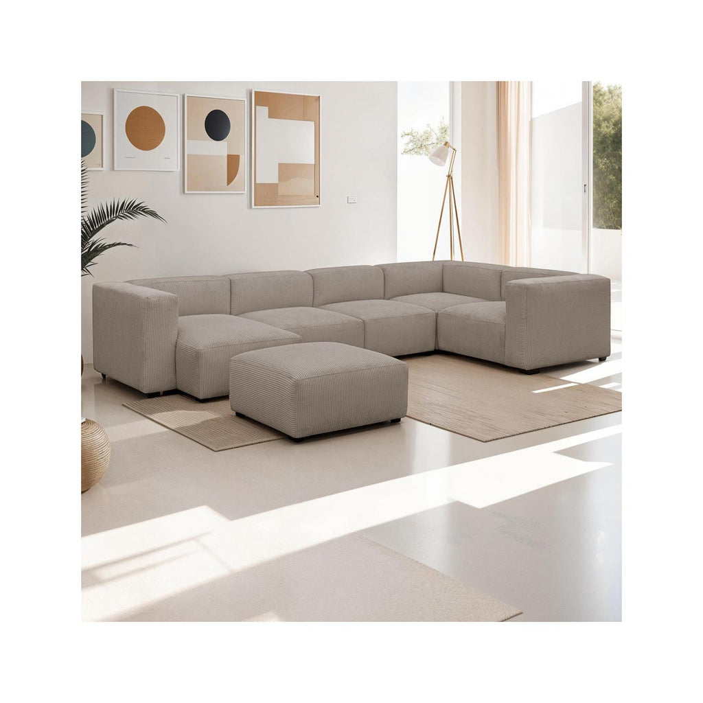 Modulo - Canapé Modulable Panoramique 6 Places avec Méridienne à Gauche + Pouf en Velours Côtelé - Taupe