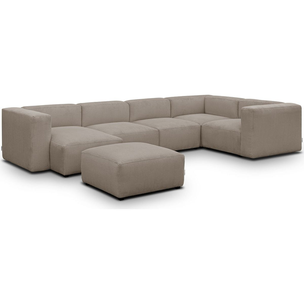 Modulo - Canapé Modulable Panoramique 6 Places avec Méridienne à Gauche + Pouf en Velours Côtelé - Taupe