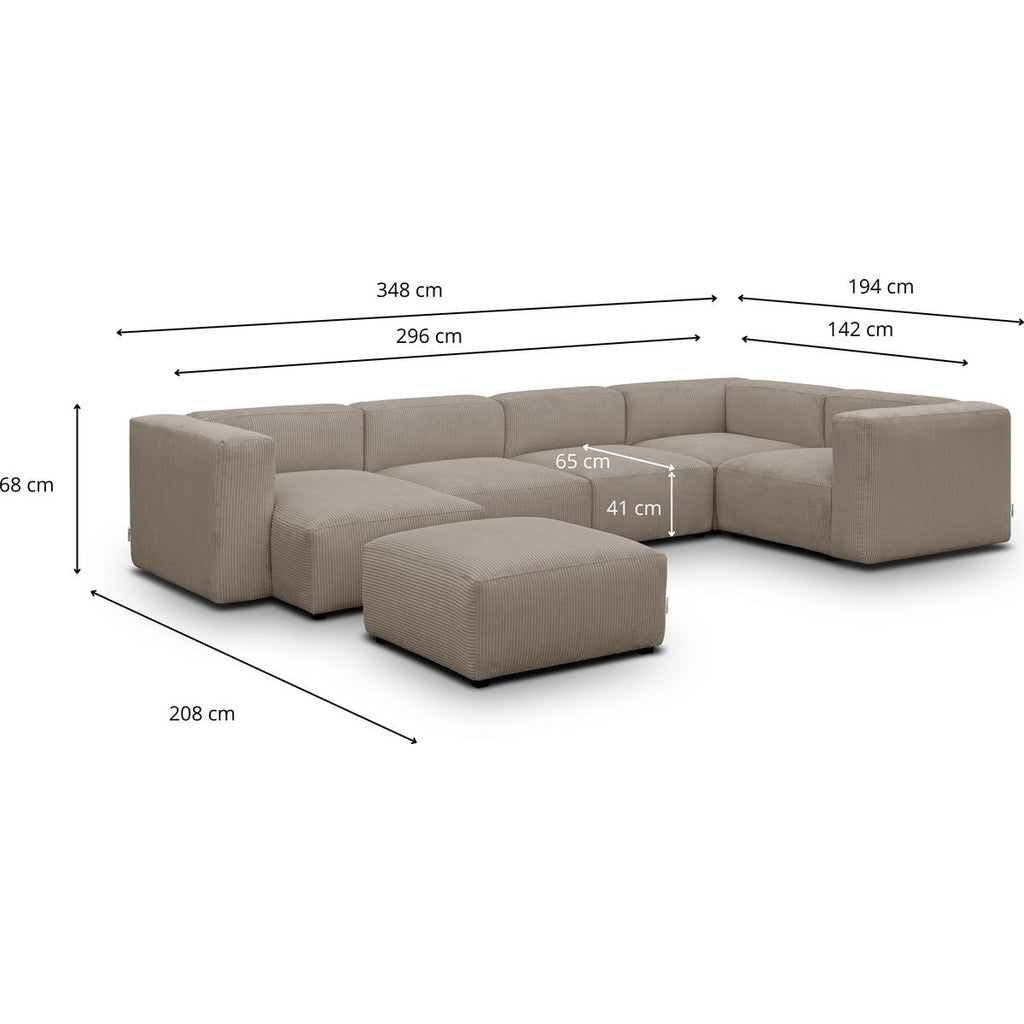 Modulo - Canapé Modulable Panoramique 6 Places avec Méridienne à Gauche + Pouf en Velours Côtelé - Taupe