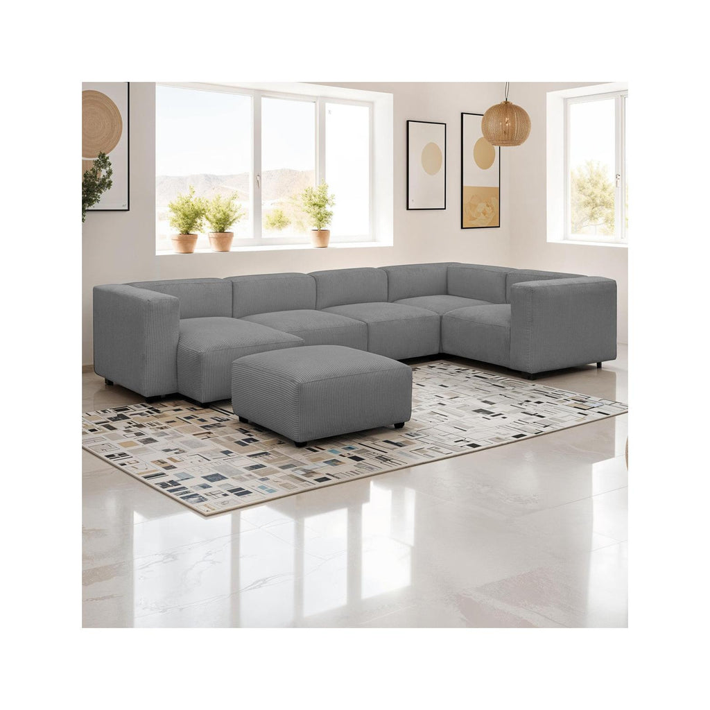 Modulo - Canapé Modulable Panoramique 6 Places avec Méridienne à Gauche + Pouf en Velours Côtelé - Gris Clair