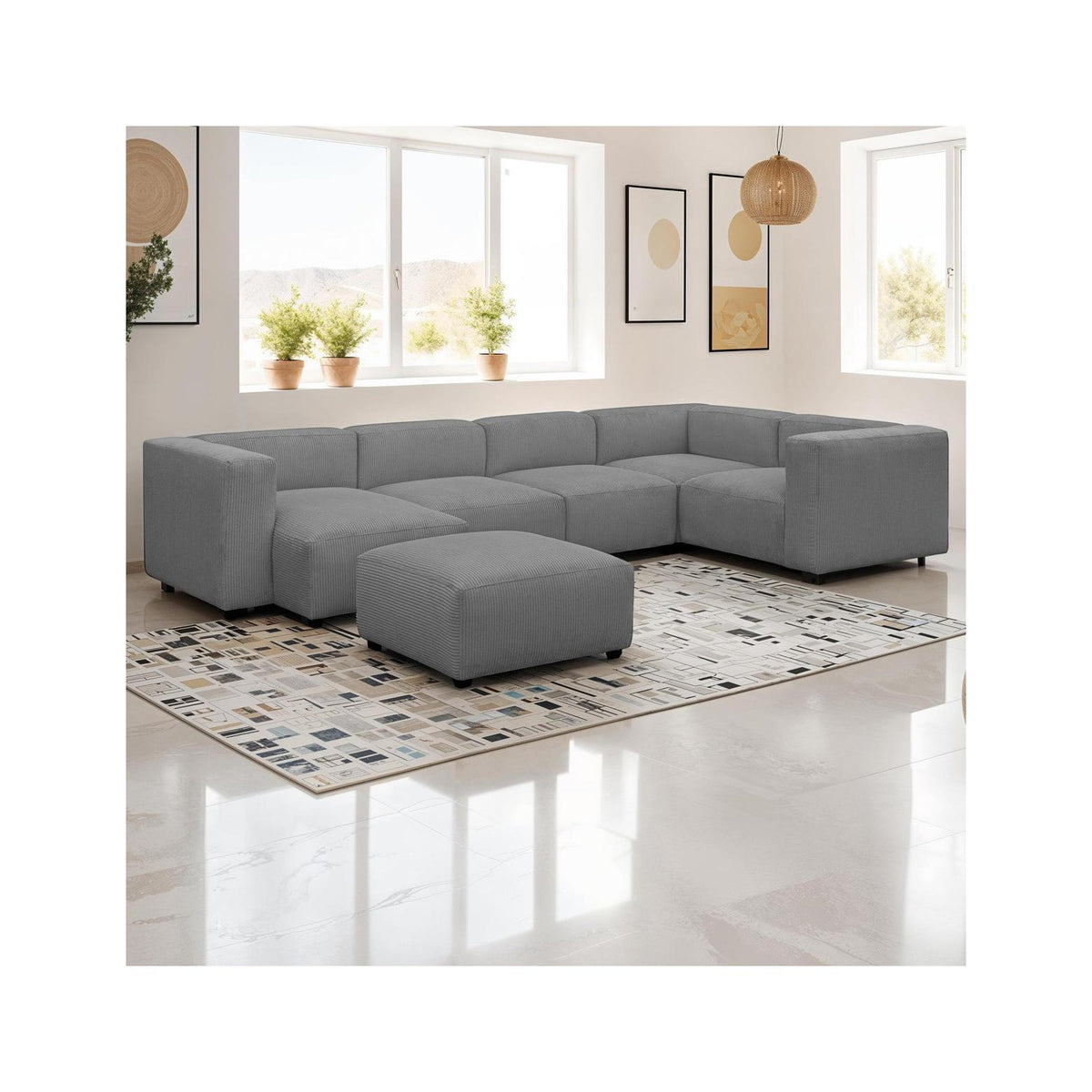 Modulo - Canapé Modulable Panoramique 6 Places avec Méridienne à Gauche + Pouf en Velours Côtelé - Gris Clair