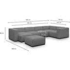 Modulo - Canapé Modulable Panoramique 6 Places avec Méridienne à Gauche + Pouf en Velours Côtelé - Gris Clair