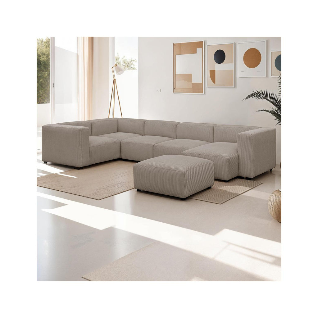 Modulo - Canapé Modulable Panoramique 6 Places avec Méridienne à Droite + Pouf en Velours Côtelé - Taupe