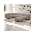 Modulo - Canapé Modulable Panoramique 6 Places avec Méridienne à Droite + Pouf en Velours Côtelé - Taupe