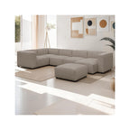 Modulo - Canapé Modulable Panoramique 6 Places avec Méridienne à Droite + Pouf en Velours Côtelé - Taupe
