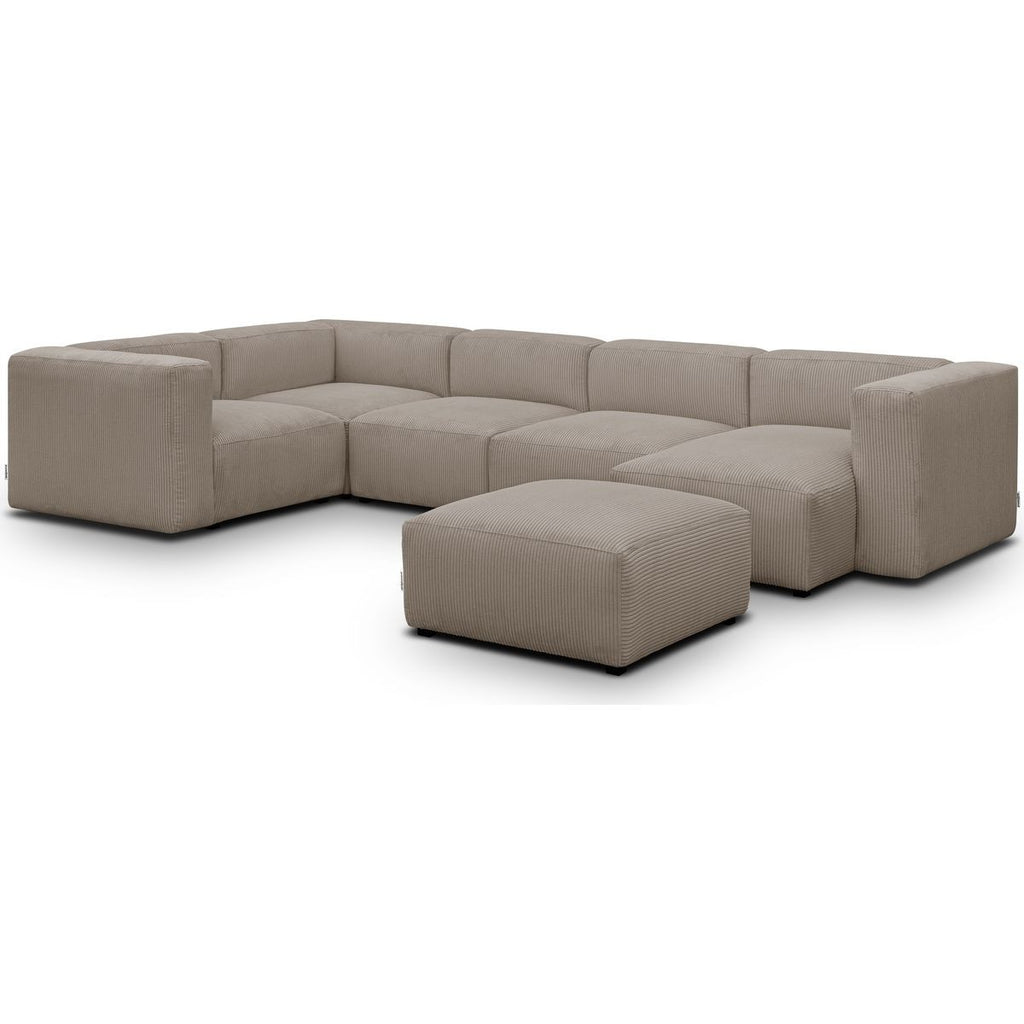 Modulo - Canapé Modulable Panoramique 6 Places avec Méridienne à Droite + Pouf en Velours Côtelé - Taupe