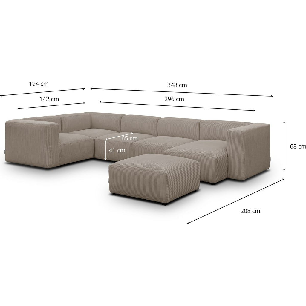 Modulo - Canapé Modulable Panoramique 6 Places avec Méridienne à Droite + Pouf en Velours Côtelé - Taupe