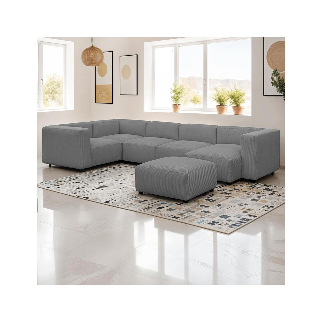 Modulo - Canapé Modulable Panoramique 6 Places avec Méridienne à Droite + Pouf en Velours Côtelé - Gris Clair