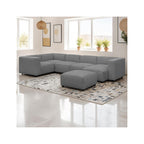 Modulo - Canapé Modulable Panoramique 6 Places avec Méridienne à Droite + Pouf en Velours Côtelé - Gris Clair
