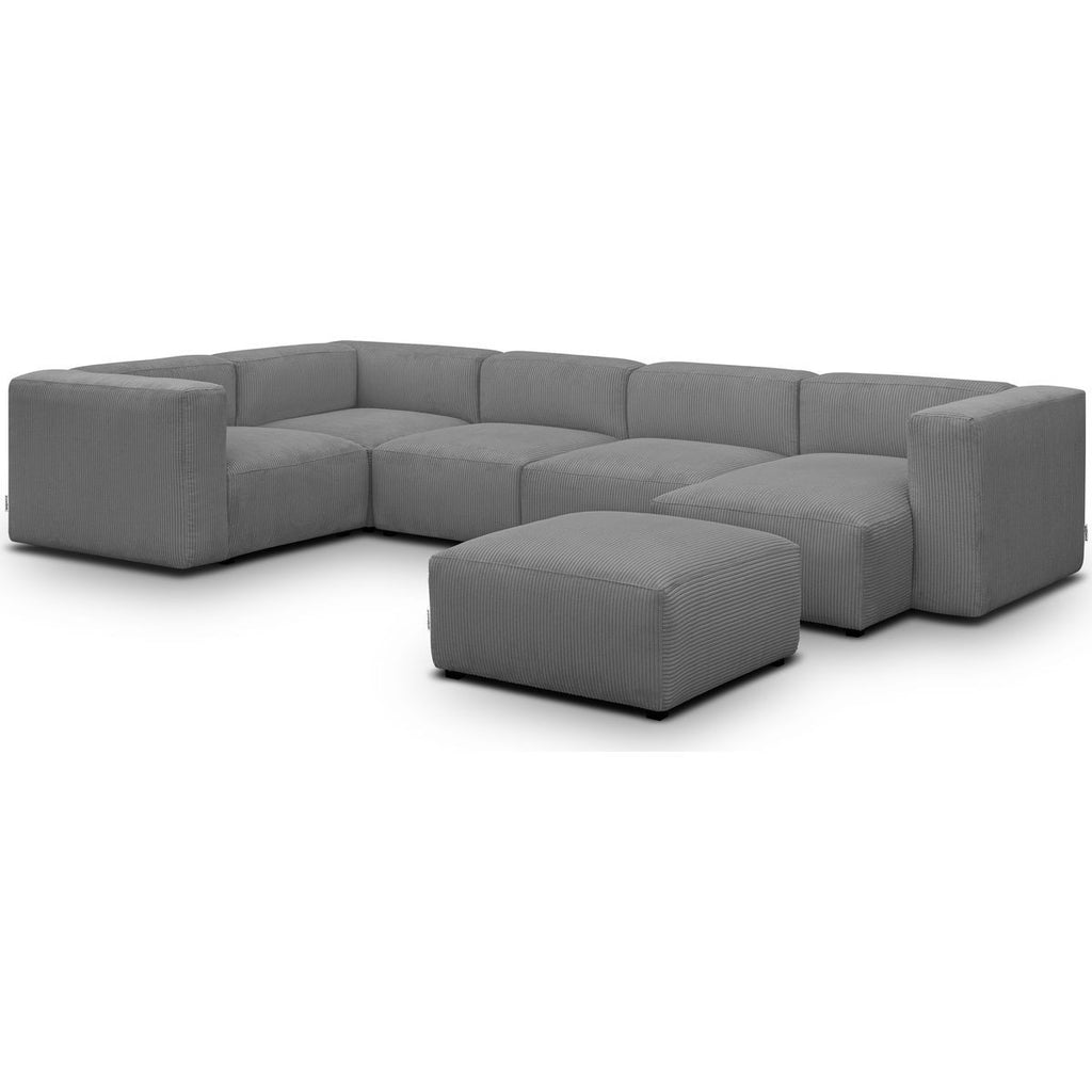Modulo - Canapé Modulable Panoramique 6 Places avec Méridienne à Droite + Pouf en Velours Côtelé - Gris Clair