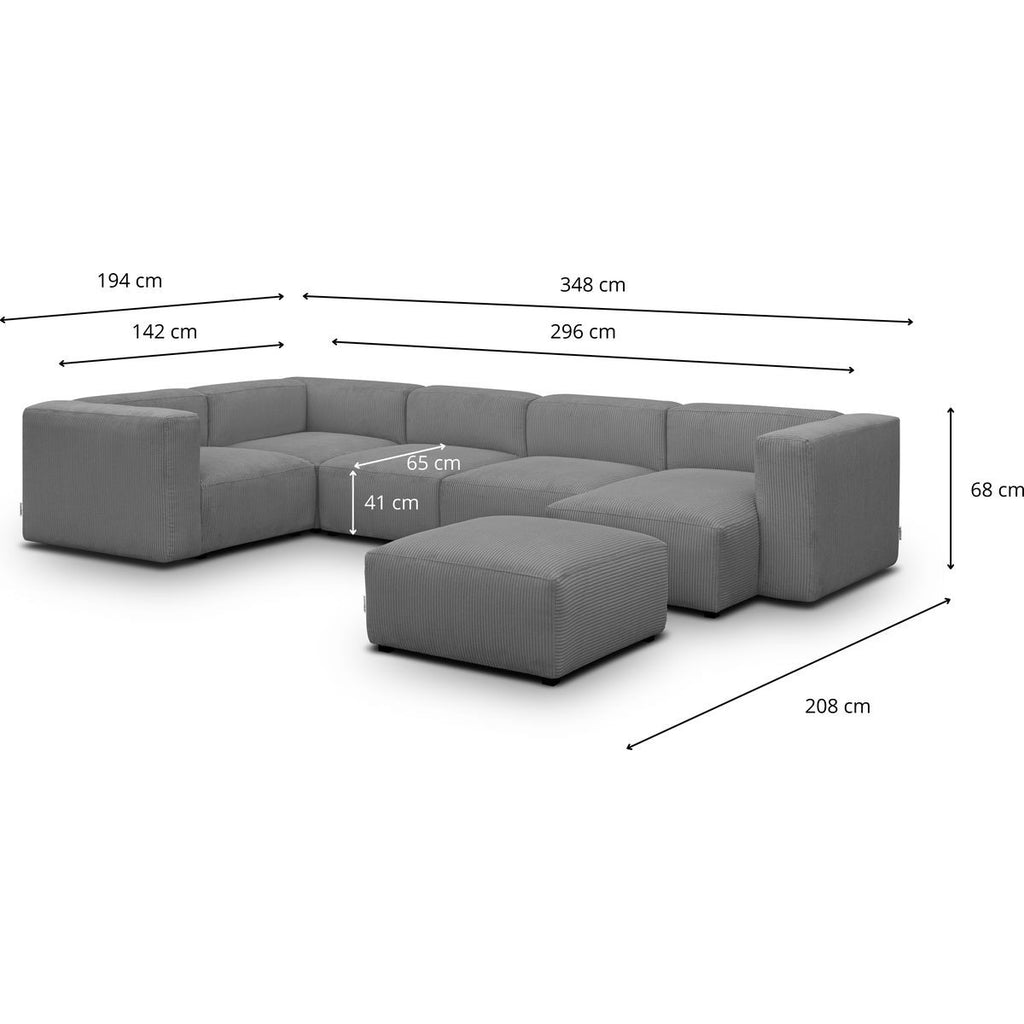 Modulo - Canapé Modulable Panoramique 6 Places avec Méridienne à Droite + Pouf en Velours Côtelé - Gris Clair