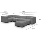 Modulo - Canapé Modulable Panoramique 6 Places avec Méridienne à Droite + Pouf en Velours Côtelé - Gris Clair