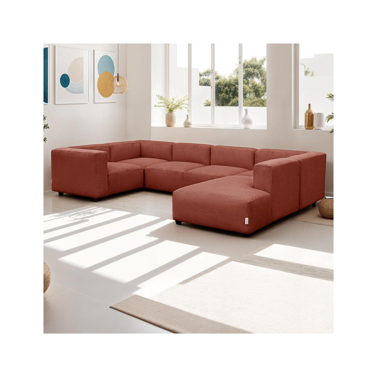 Modulo - Canapé Modulable Panoramique 9 Places Ouvert à Droite + Pouf en Velours Côtelé - Rouille