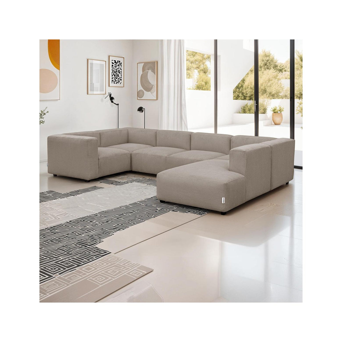 Modulo - Canapé Modulable Panoramique 9 Places Ouvert à Droite + Pouf en Velours Côtelé - Taupe
