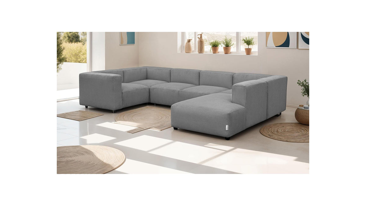 Modulo - Canapé Modulable Panoramique 9 Places Ouvert à Droite + Pouf en Velours Côtelé - Gris Clair