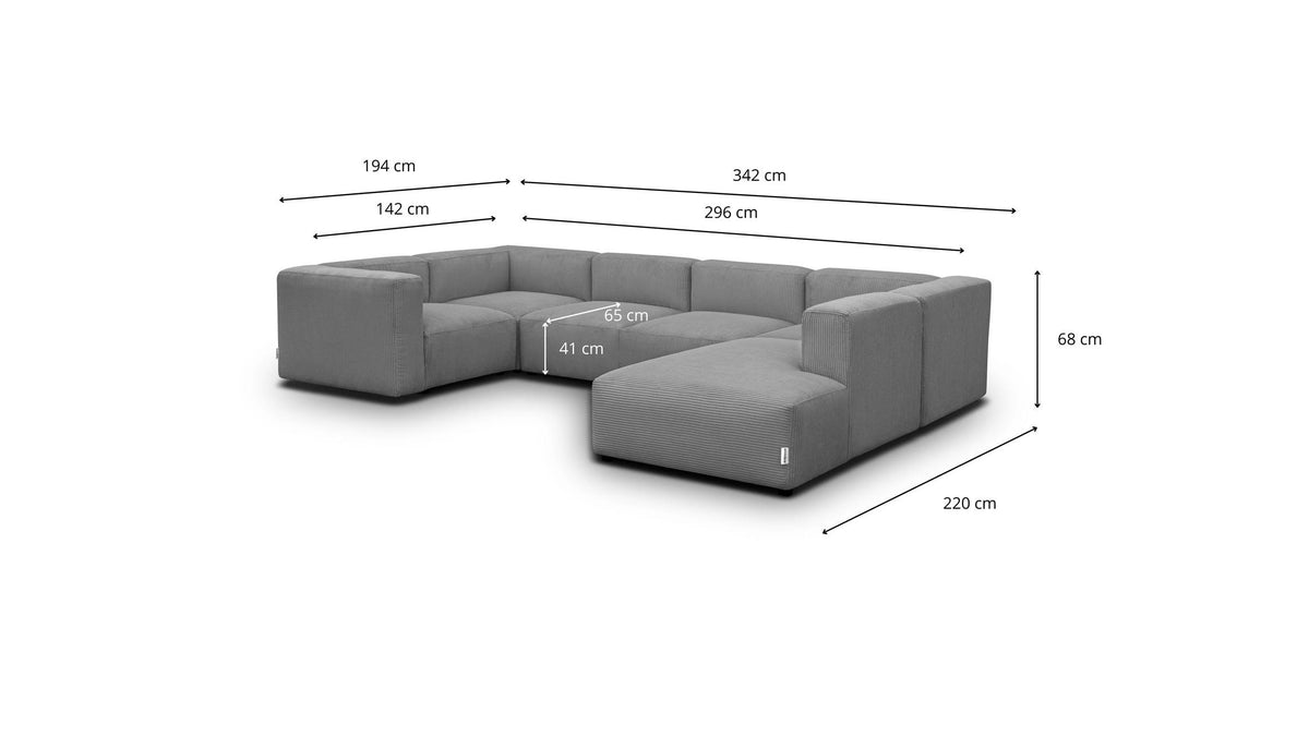 Modulo - Canapé Modulable Panoramique 9 Places Ouvert à Droite + Pouf en Velours Côtelé - Gris Clair