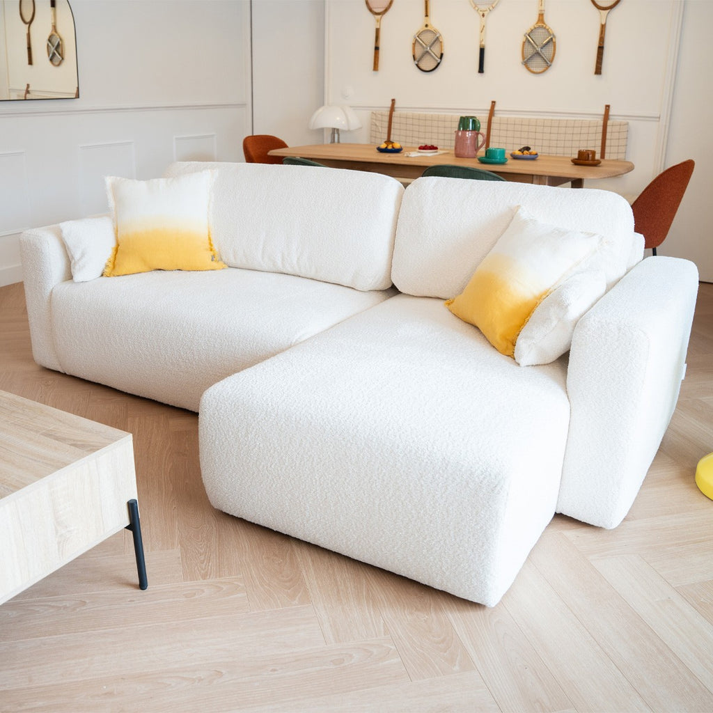 Davis - Canapé d'Angle Réversible Convertible 4 Places avec Coffre de Rangement en Tissu Bouclé - Beige