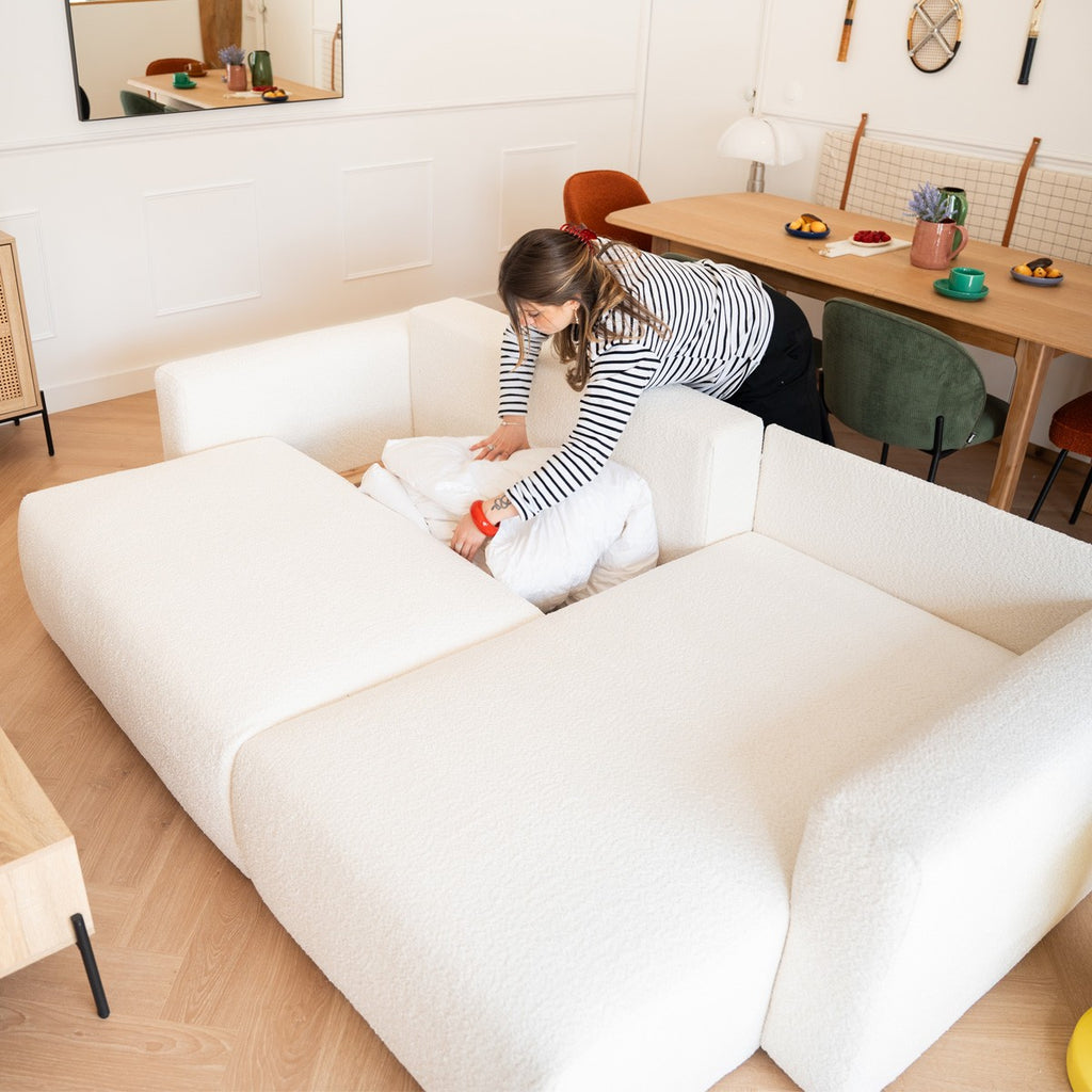 Davis - Canapé d'Angle Réversible Convertible 4 Places avec Coffre de Rangement en Tissu Bouclé - Beige