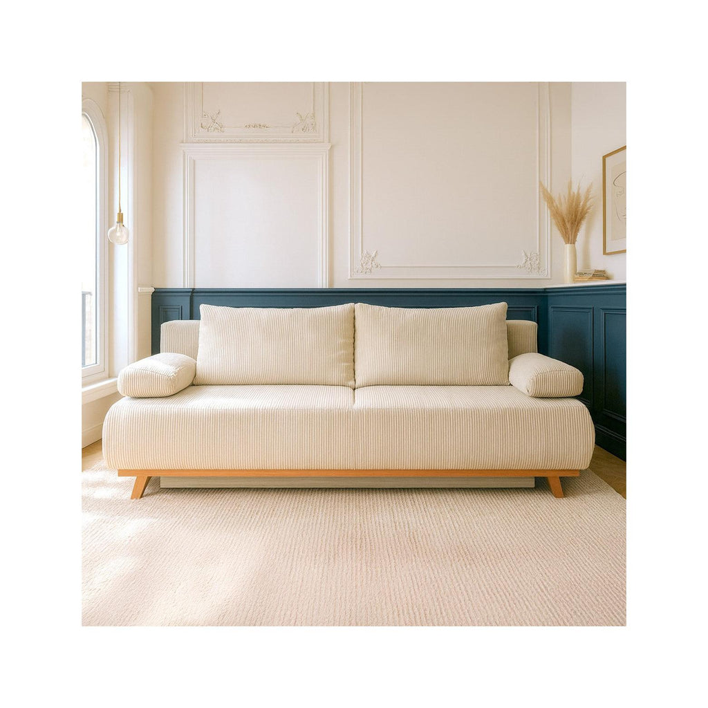 Laria - Canapé Convertible 3 Places avec Coffre de Rangement en Velours Côtelé - Beige