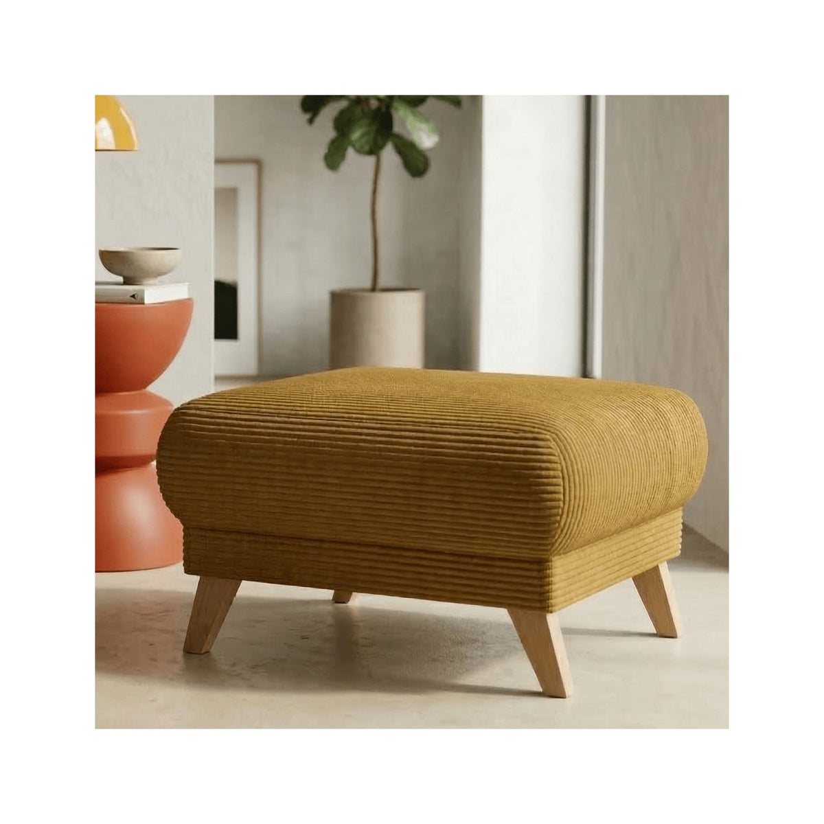 Laria - Pouf en Velours Côtelé - Jaune Moutarde