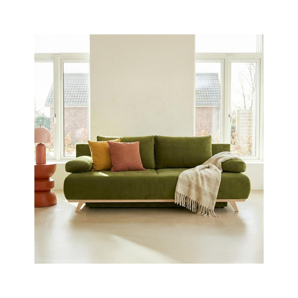 Laria - Canapé Convertible 3 Places avec Coffre de Rangement en Velours - Vert Olive