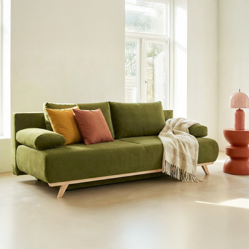 Laria - Canapé Convertible 3 Places avec Coffre de Rangement en Velours - Vert Olive