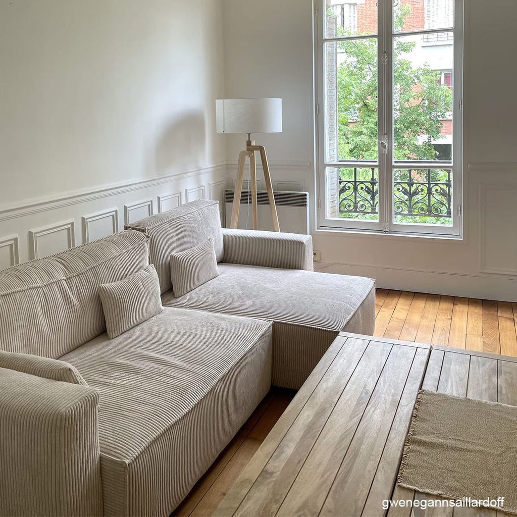 Livia - Canapé d'Angle Convertible Réversible 4 Places avec Coffre de Rangement en Velours Côtelé - Beige