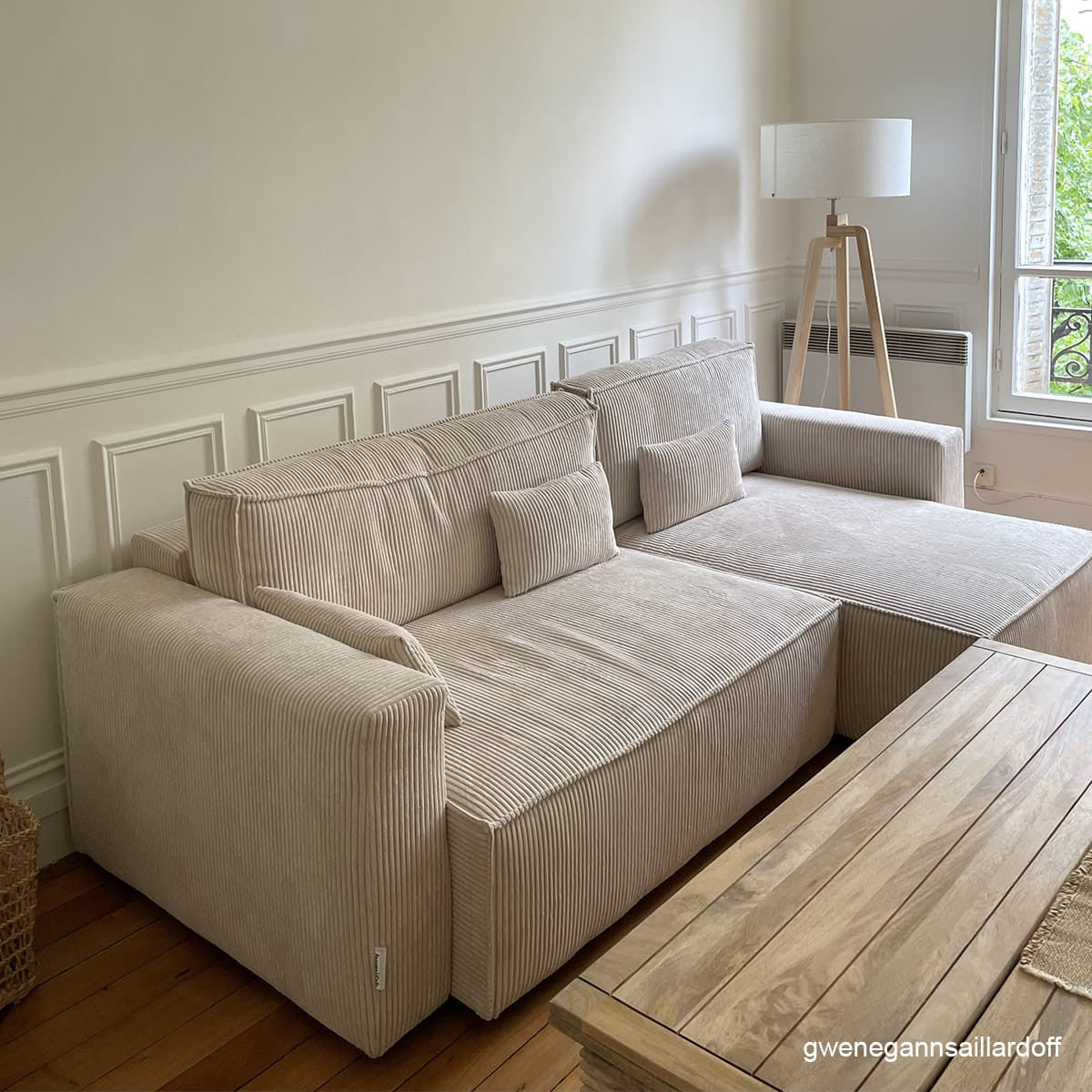 Livia - Canapé d'Angle Convertible Réversible 4 Places avec Coffre de Rangement en Velours Côtelé - Beige