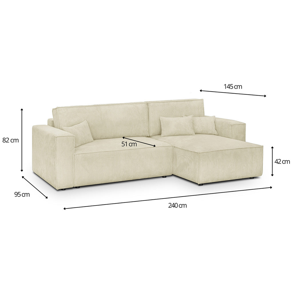Livia - Canapé d'Angle Convertible Réversible 4 Places avec Coffre de Rangement en Velours Côtelé - Beige