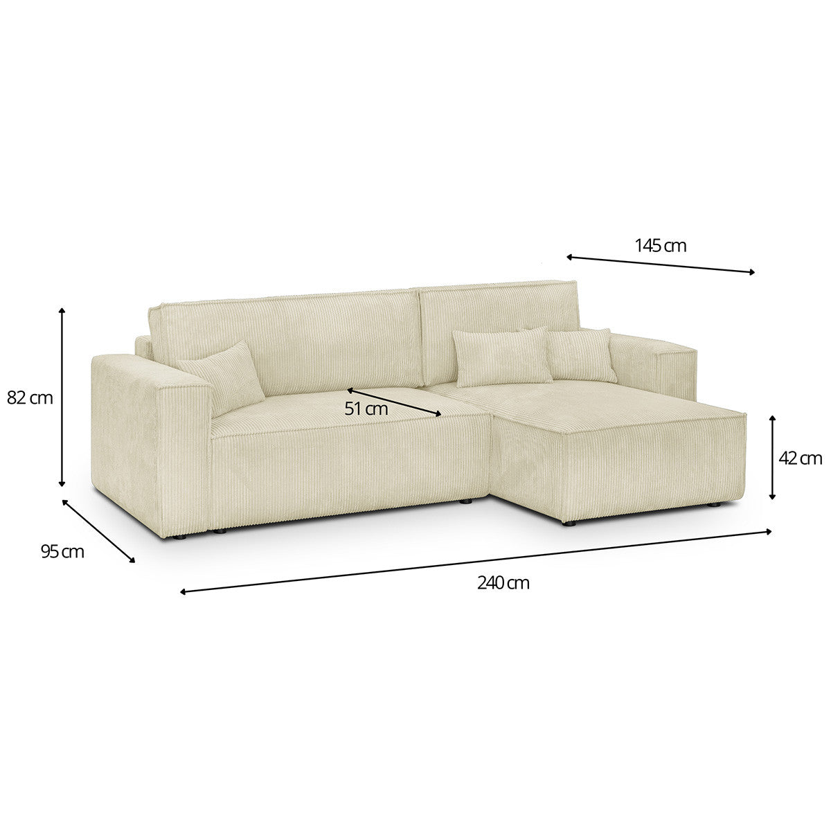Livia - Canapé d'Angle Convertible Réversible 4 Places avec Coffre de Rangement en Velours Côtelé - Beige