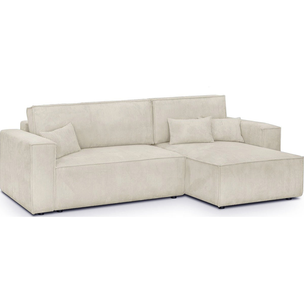 Livia - Canapé d'Angle Convertible Réversible 4 Places avec Coffre de Rangement en Velours Côtelé - Beige