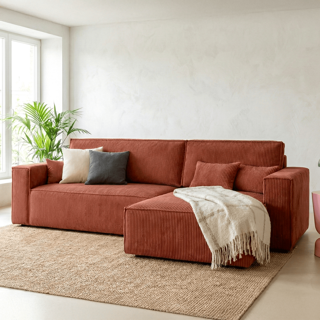 Livia - Canapé d'Angle Convertible Réversible 4 Places avec Coffre de Rangement en Velours Côtelé - Rouille