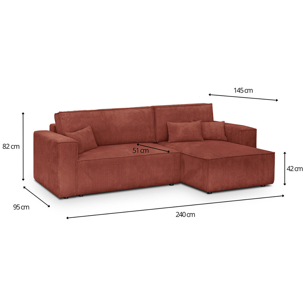 Livia - Canapé d'Angle Convertible Réversible 4 Places avec Coffre de Rangement en Velours Côtelé - Rouille