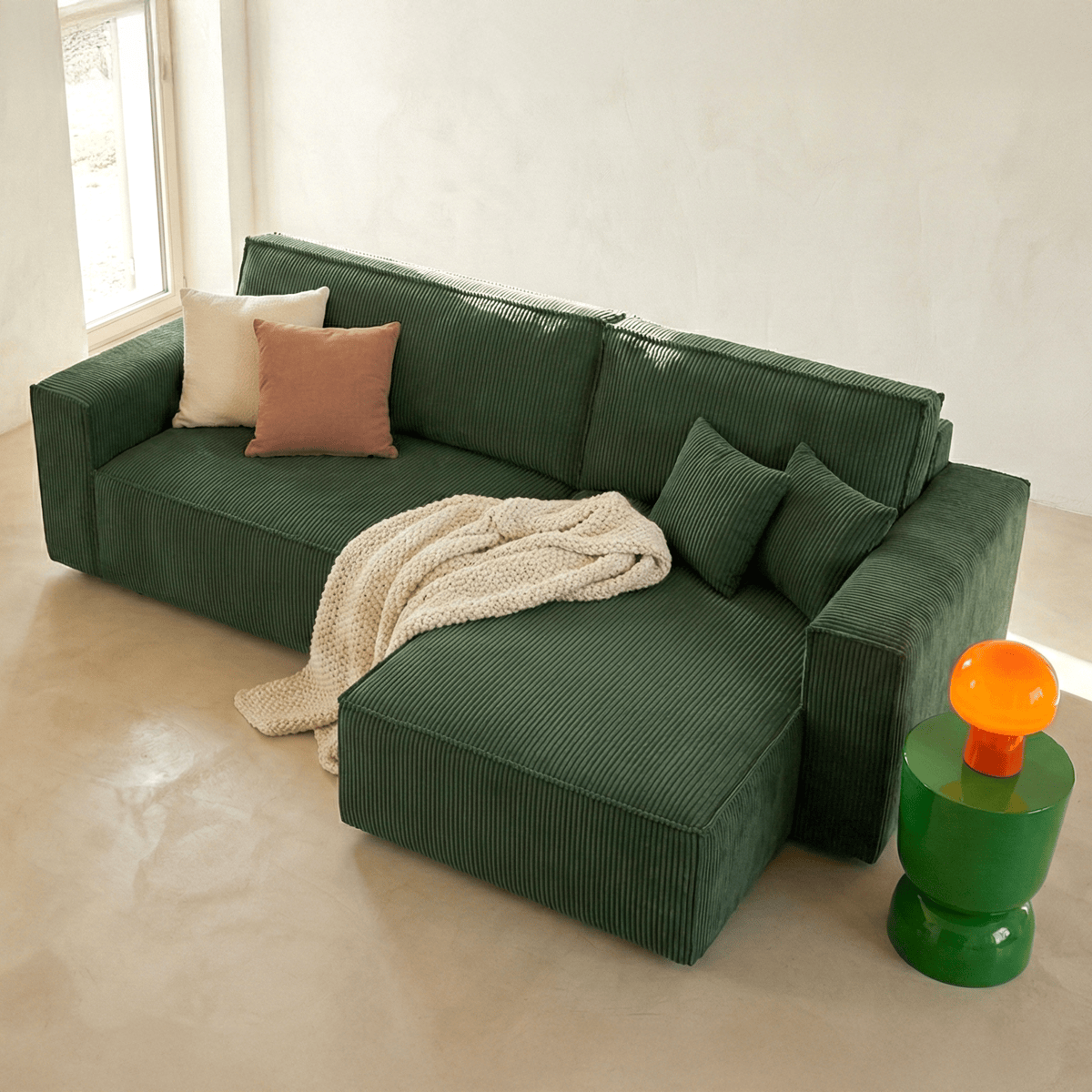 Livia - Canapé d'Angle Convertible Réversible 4 Places avec Coffre de Rangement en Velours Côtelé - Vert Foncé