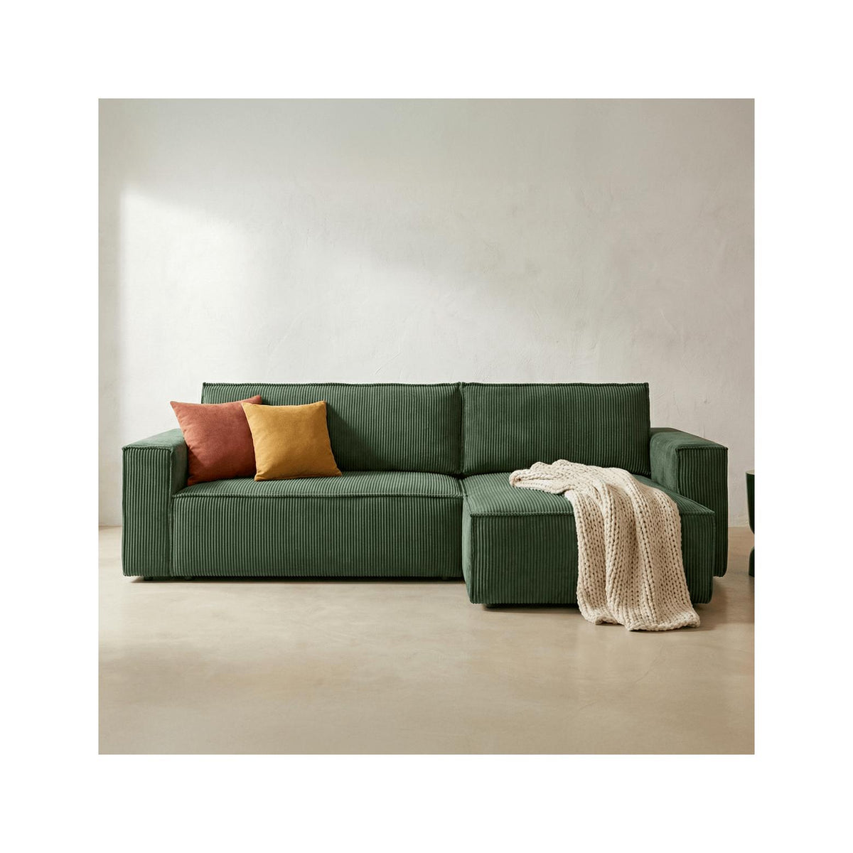 Livia - Canapé d'Angle Convertible Réversible 4 Places avec Coffre de Rangement en Velours Côtelé - Vert Foncé