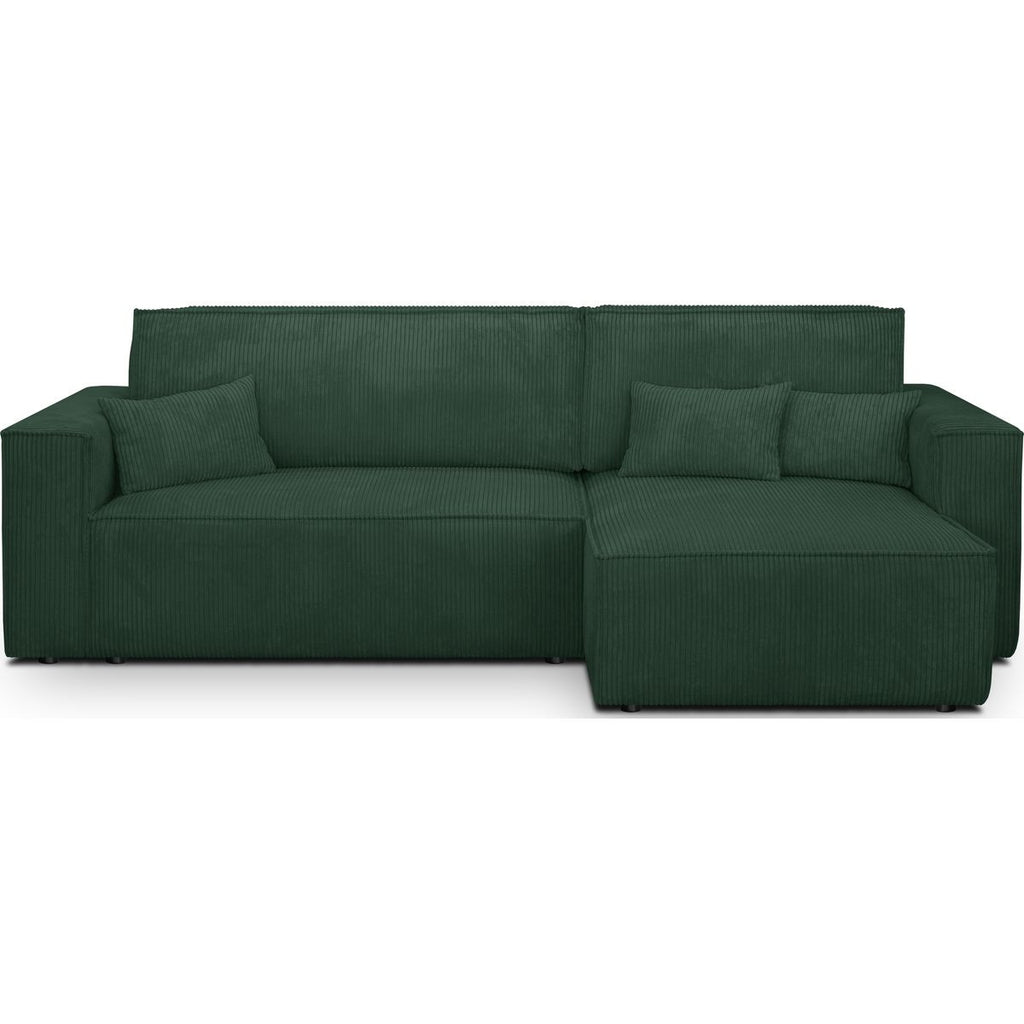 Livia - Canapé d'Angle Convertible Réversible 4 Places avec Coffre de Rangement en Velours Côtelé - Vert Foncé