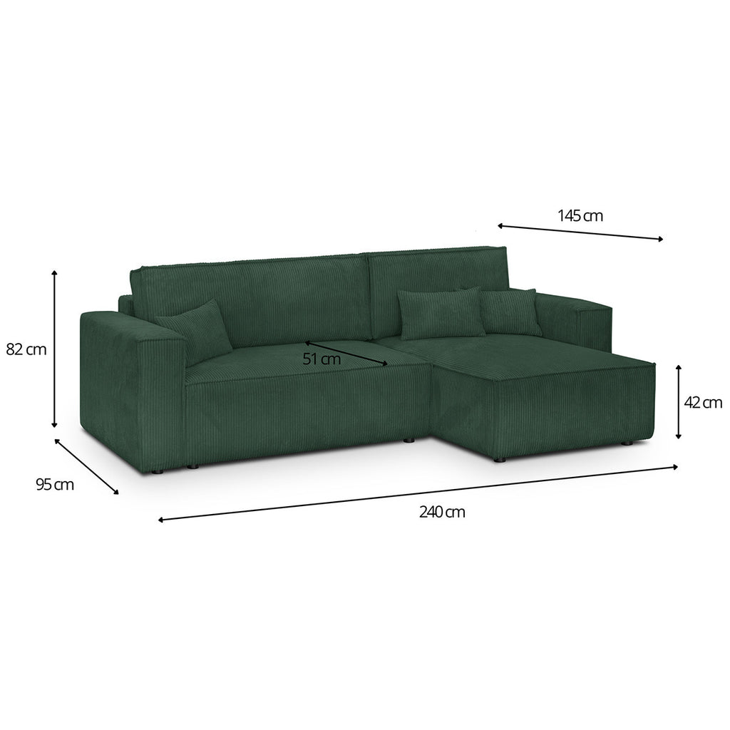 Livia - Canapé d'Angle Convertible Réversible 4 Places avec Coffre de Rangement en Velours Côtelé - Vert Foncé